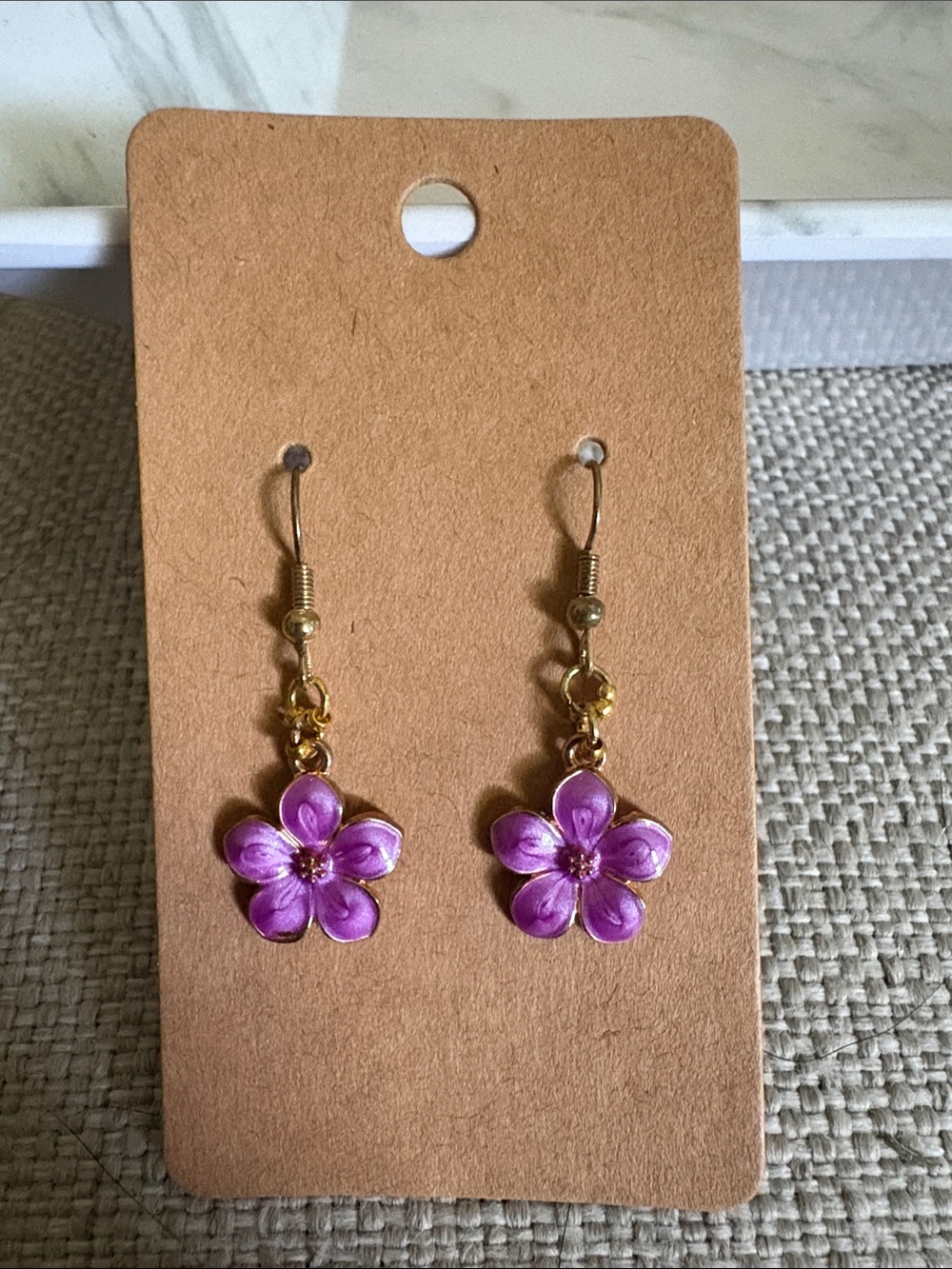 Purple Floral Dangle Earrings - Gold Tone Hooks